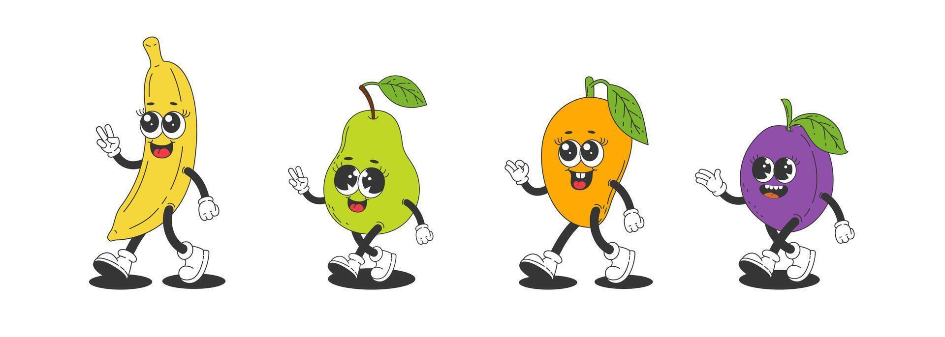 Set of retro fruit characters with arms and legs. blueberry, mango, lemon, strawberry. illustration vector