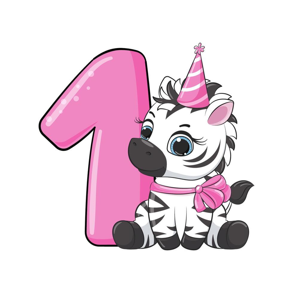HAPPY birthday card for first birthday with zebra. vector