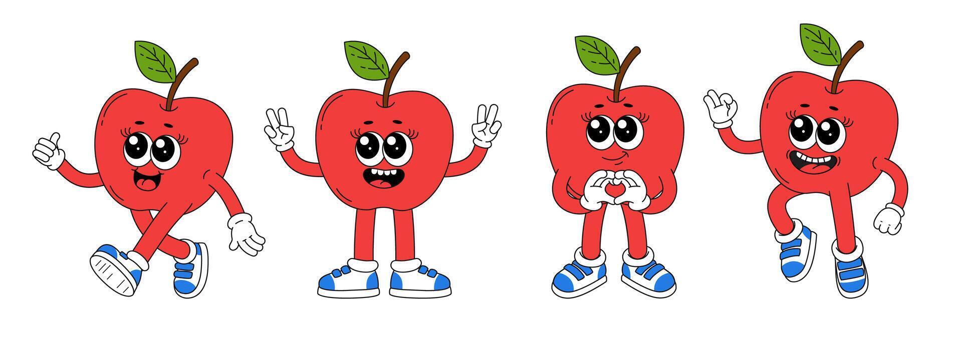 Cute cartoon apple character in different poses. Comic illustration of fresh summer fruit. vector
