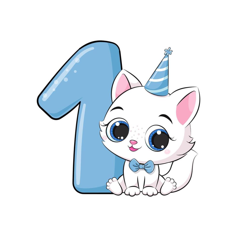 HAPPY birthday card for first birthday with kitten. vector