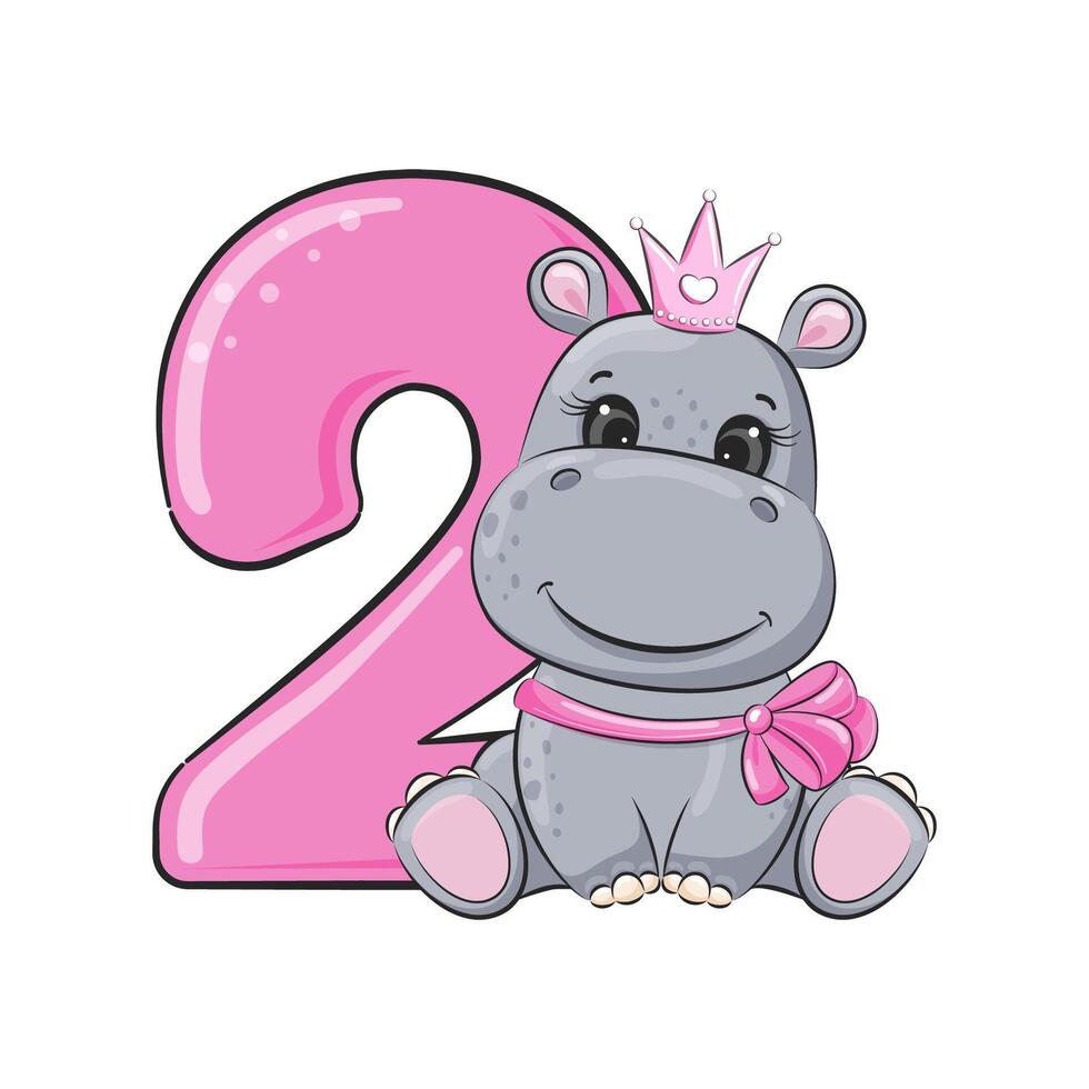 HAPPY birthday card for second birthday with hippo. vector