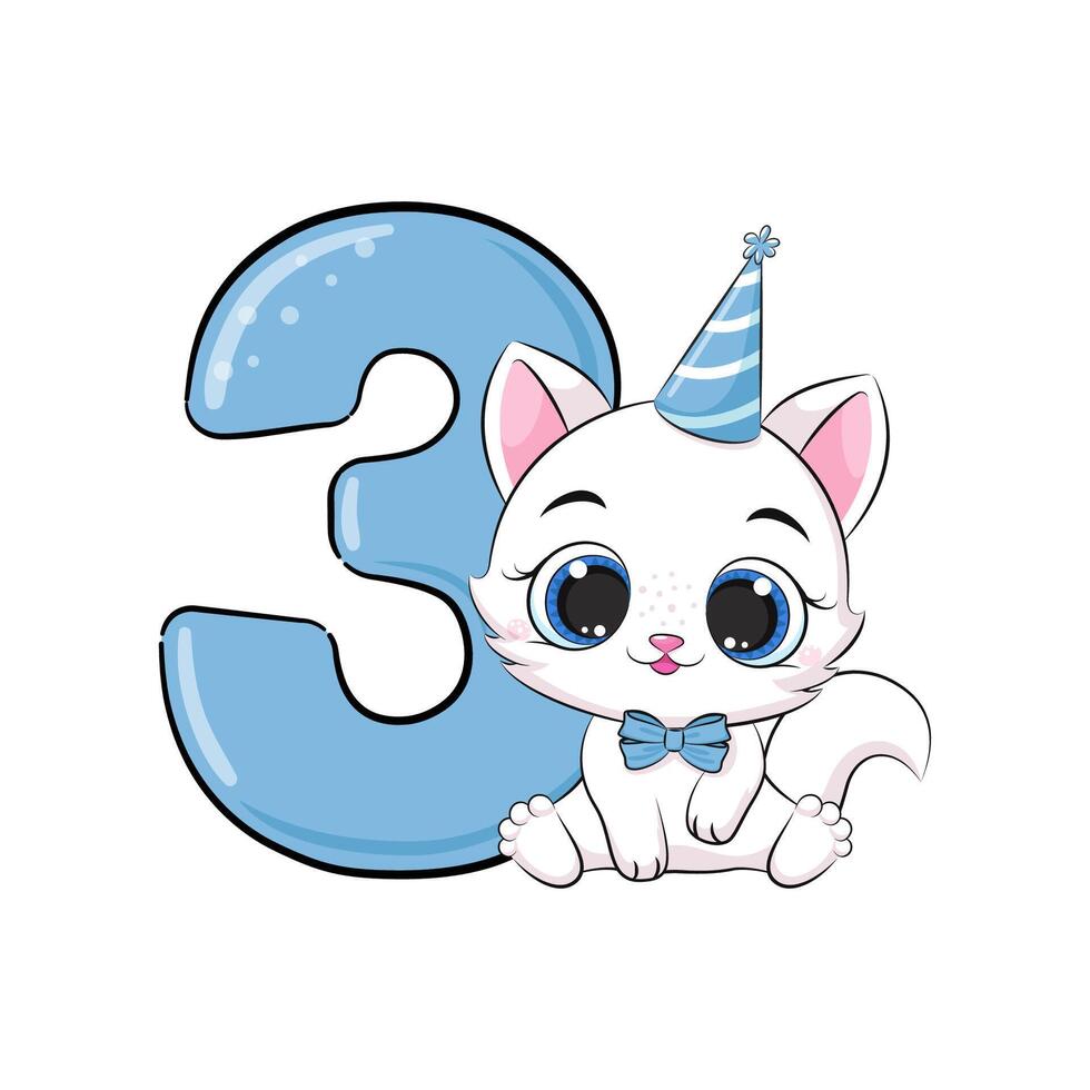 HAPPY birthday card for third birthday with kitten. vector