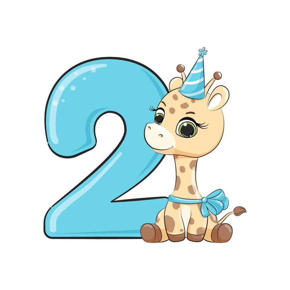 contento cumpleaños tarjeta para segundo cumpleaños con jirafa. vector