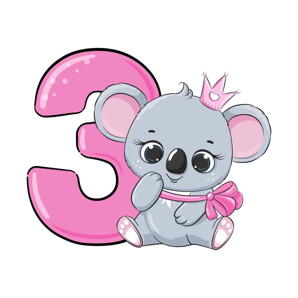 HAPPY birthday card for third birthday with koala. illustration. vector