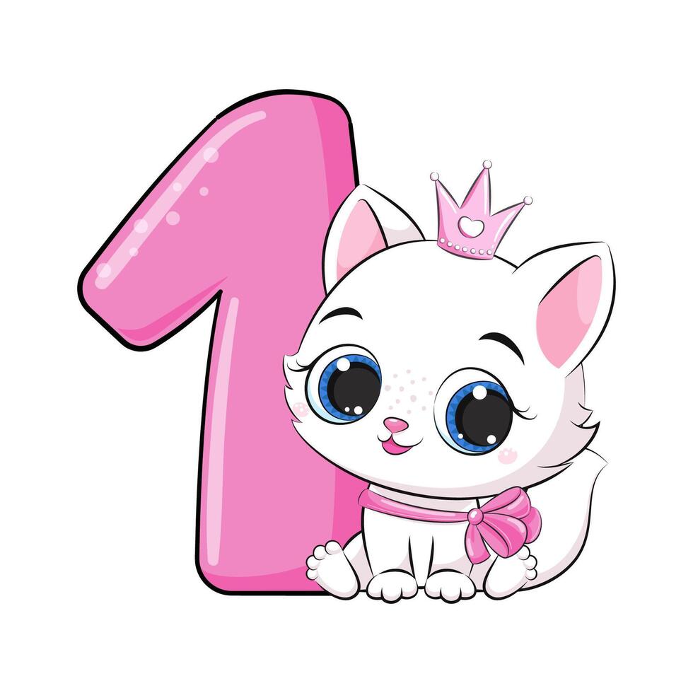 HAPPY birthday card for first birthday with kitten. vector