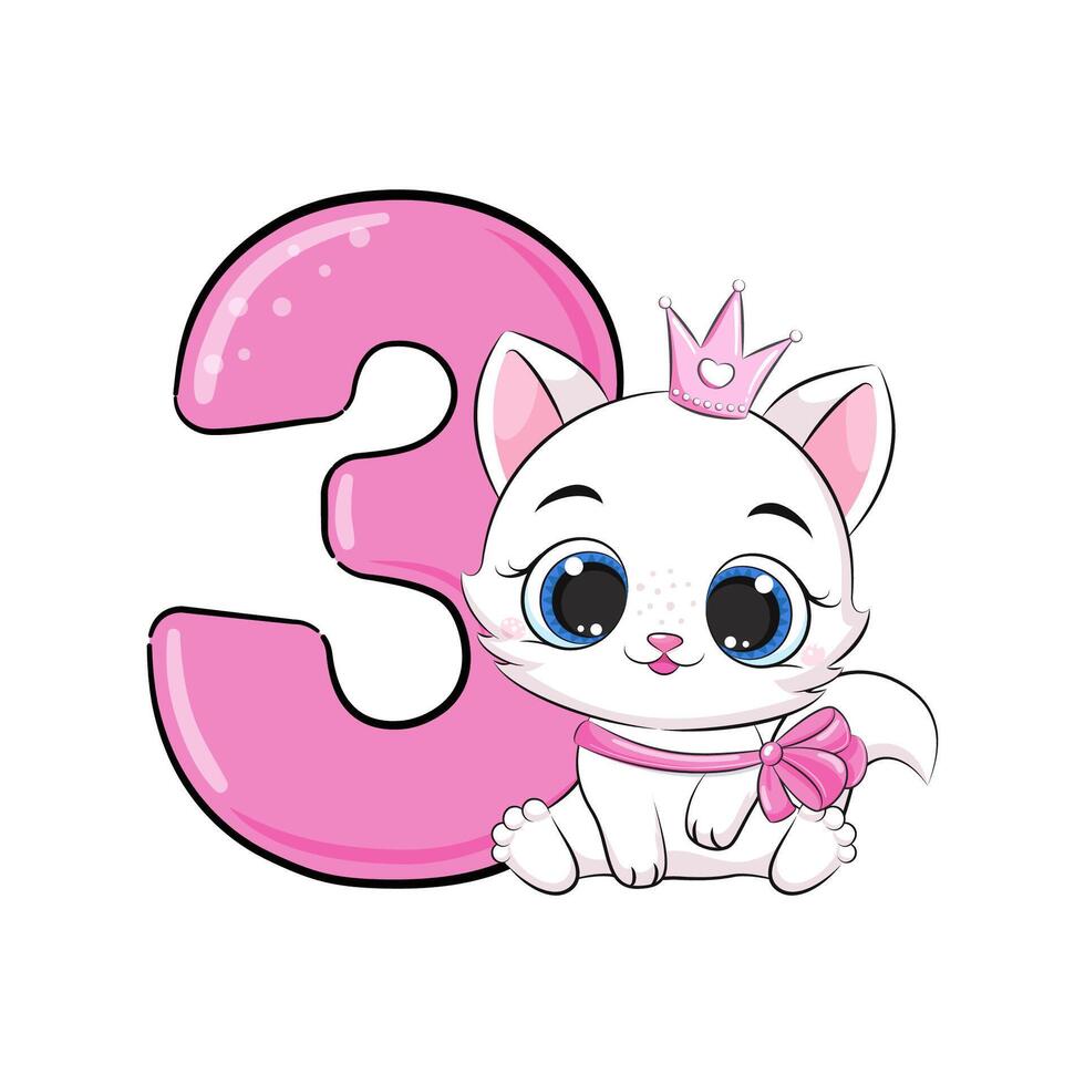 HAPPY birthday card for third birthday with kitten. vector