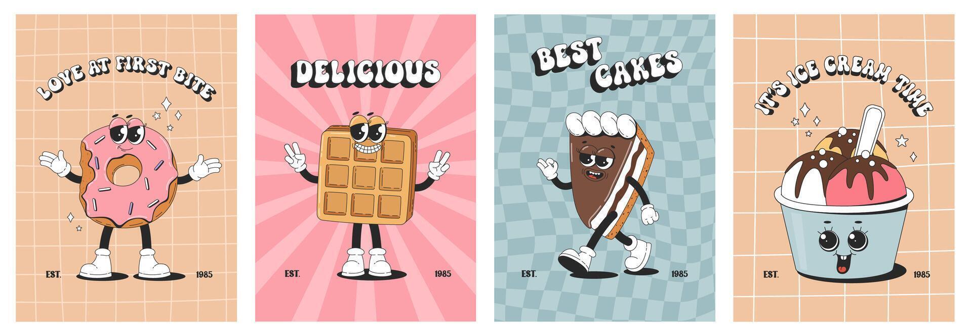 Set of vintage cartoon posters with desserts. Cute groovy sweet cake, waffles, oatmeal cookies, ice cream, donut.. vector