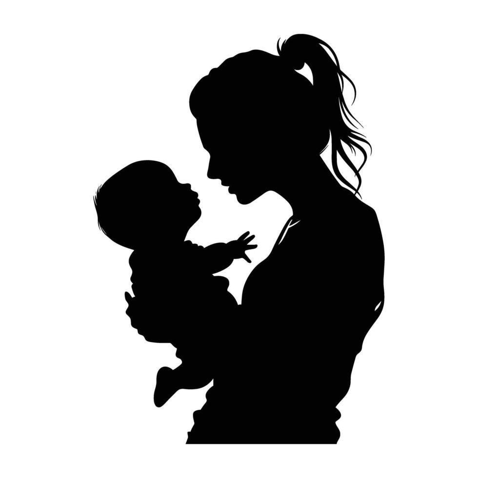 Mom and son, mother and son black silhouette. vector