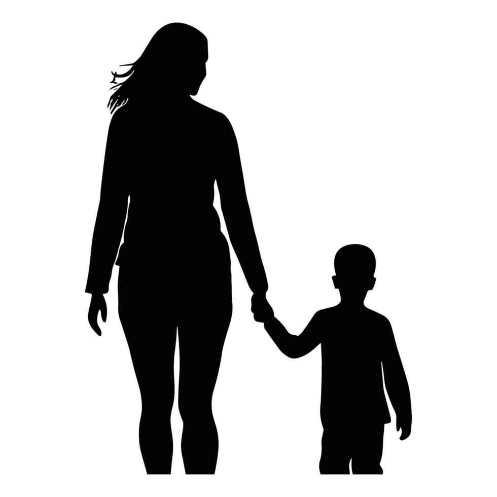 Mom and son, mother and son black silhouette. vector