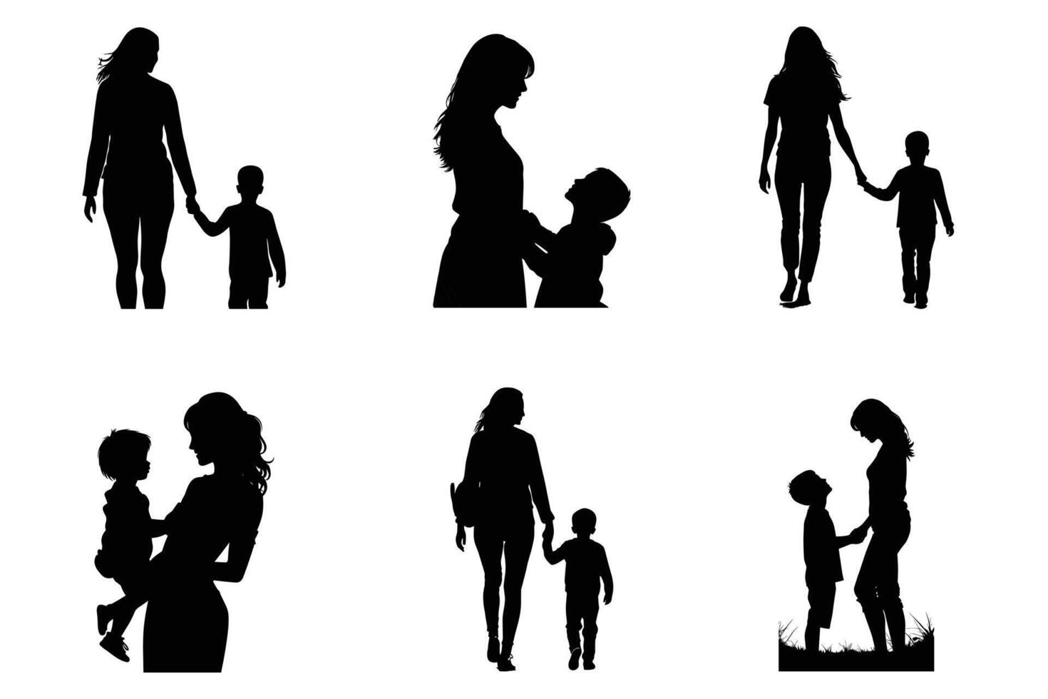 Mom and son, mother and son black silhouette. vector