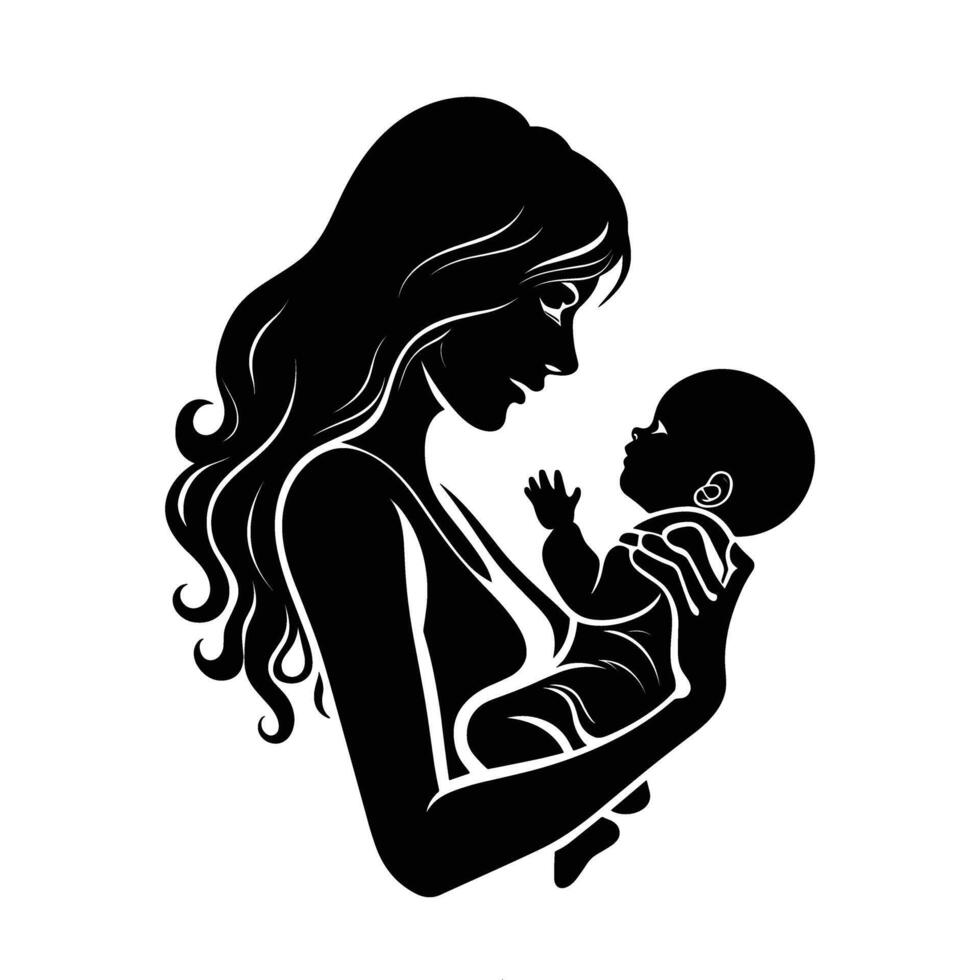 Mom and son, mother and son black silhouette. vector