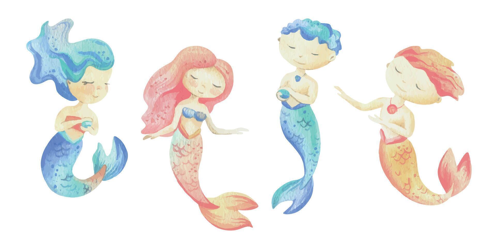 sirenas es un pequeño muchachas y Niños con cruz. acuarela ilustración mano dibujado con pastel colores turquesa, azul, menta, coral, rosa, aterciopelado. conjunto de elementos aislado desde antecedentes vector