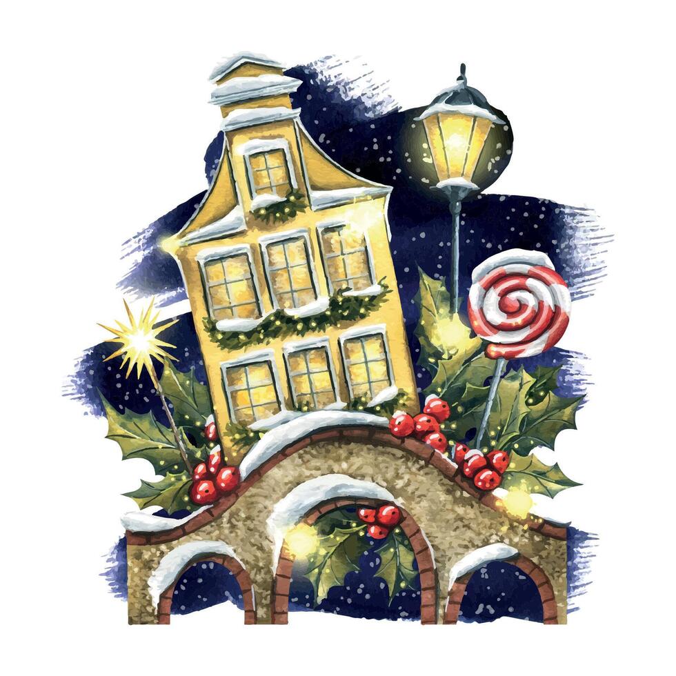 Yellow European house with a stone bridge, lanterns, holly and Christmas candy against a dark night sky and snowfall. Watercolor illustration. Composition for poster, postcard, sticker, prints. vector