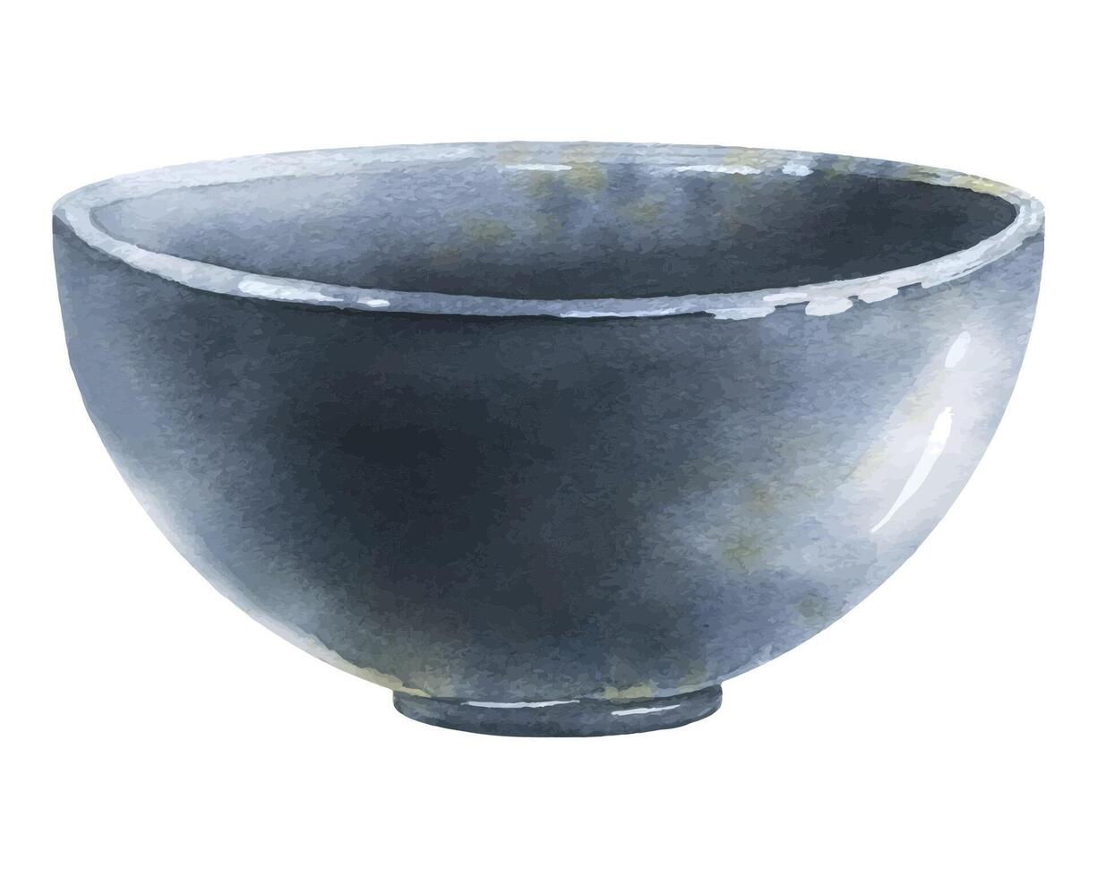 Ceramic bowl in blue glaze side view. Watercolor illustration. Isolated object on white background from SHRIMP collection. For decoration and design, menu compositions and recipes vector