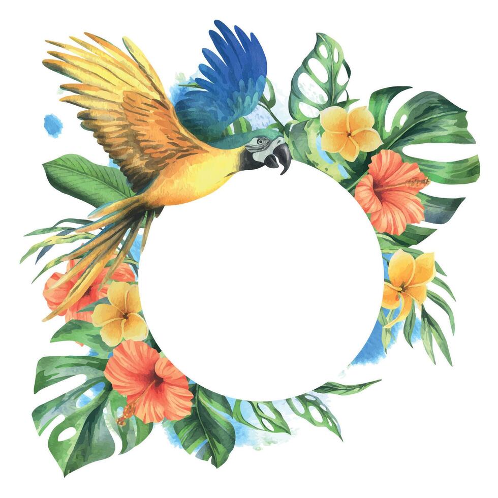 Tropical palm leaves, monstera and flowers of hibiscus with blue-yellow macaw parrot. Hand drawn watercolor botanical illustration. template, frame circle, round isolated from the background. vector