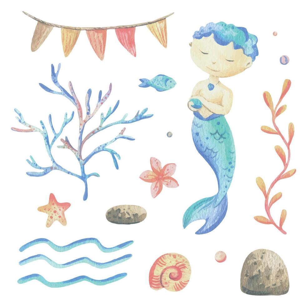 Mermaid is a little boy with fish, seashell, corals, algae, starfish. Watercolor illustration hand drawn with pastel colors turquoise, blue, coral, pink. Set of elements isolated from background. vector