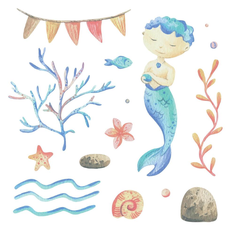 sirena es un pequeño chico con pez, concha, corales, algas, estrella de mar. acuarela ilustración mano dibujado con pastel colores turquesa, azul, coral, rosado. conjunto de elementos aislado desde antecedentes. vector