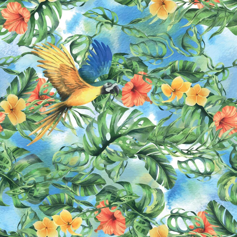 tropical palma hojas, monstera y flores de plumería, hibisco, brillante jugoso con azul amarillo guacamayo loro. mano dibujado acuarela botánico ilustración. sin costura modelo en el azul antecedentes vector