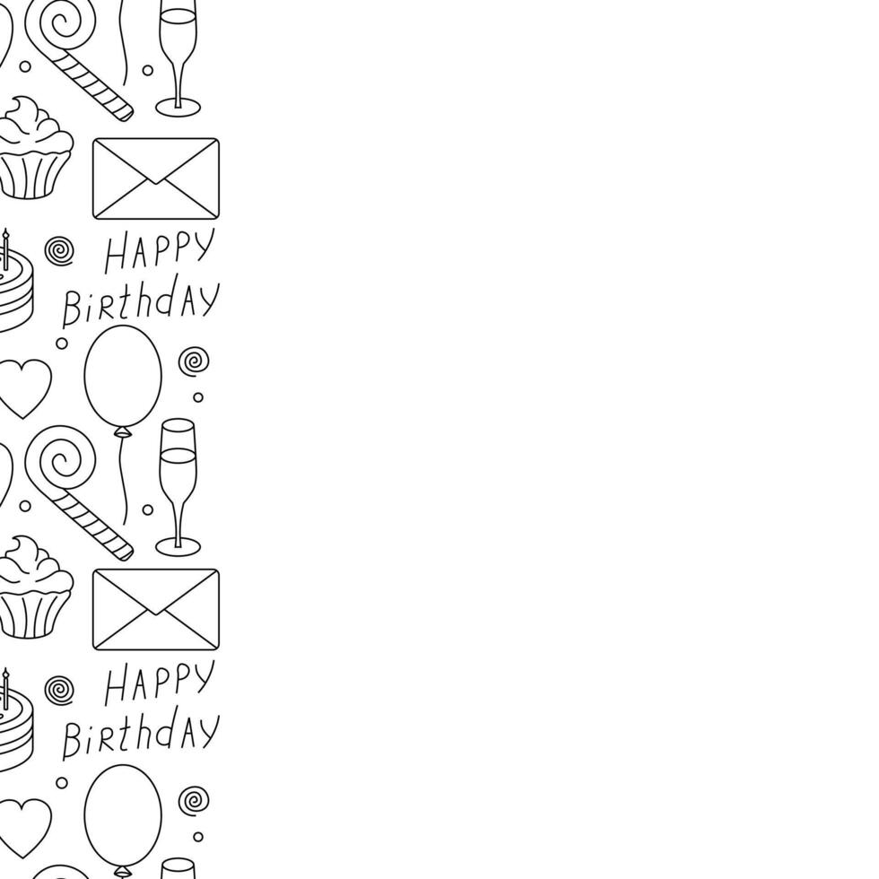 Happy birthday frame. Seamless birthday background. Illustration with cake, gift box, party hat, balloons. vector