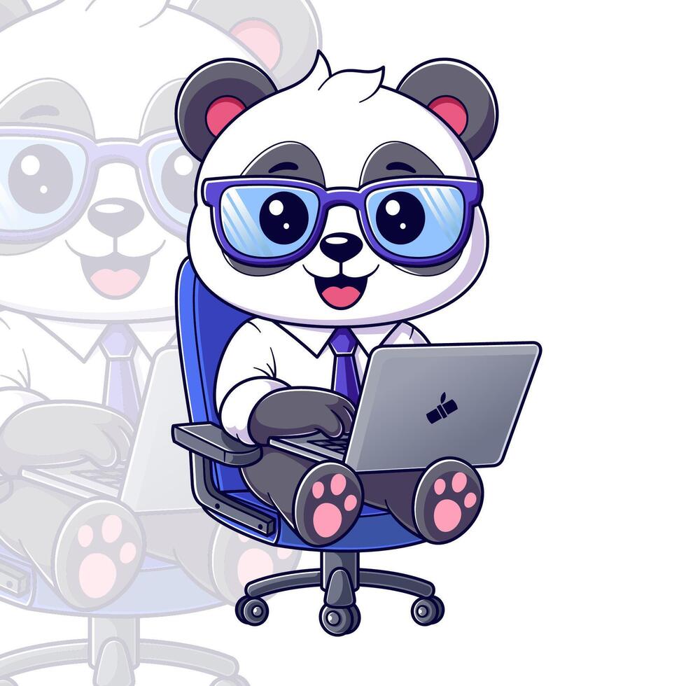 Cute panda sitting and working in front of a laptop vector