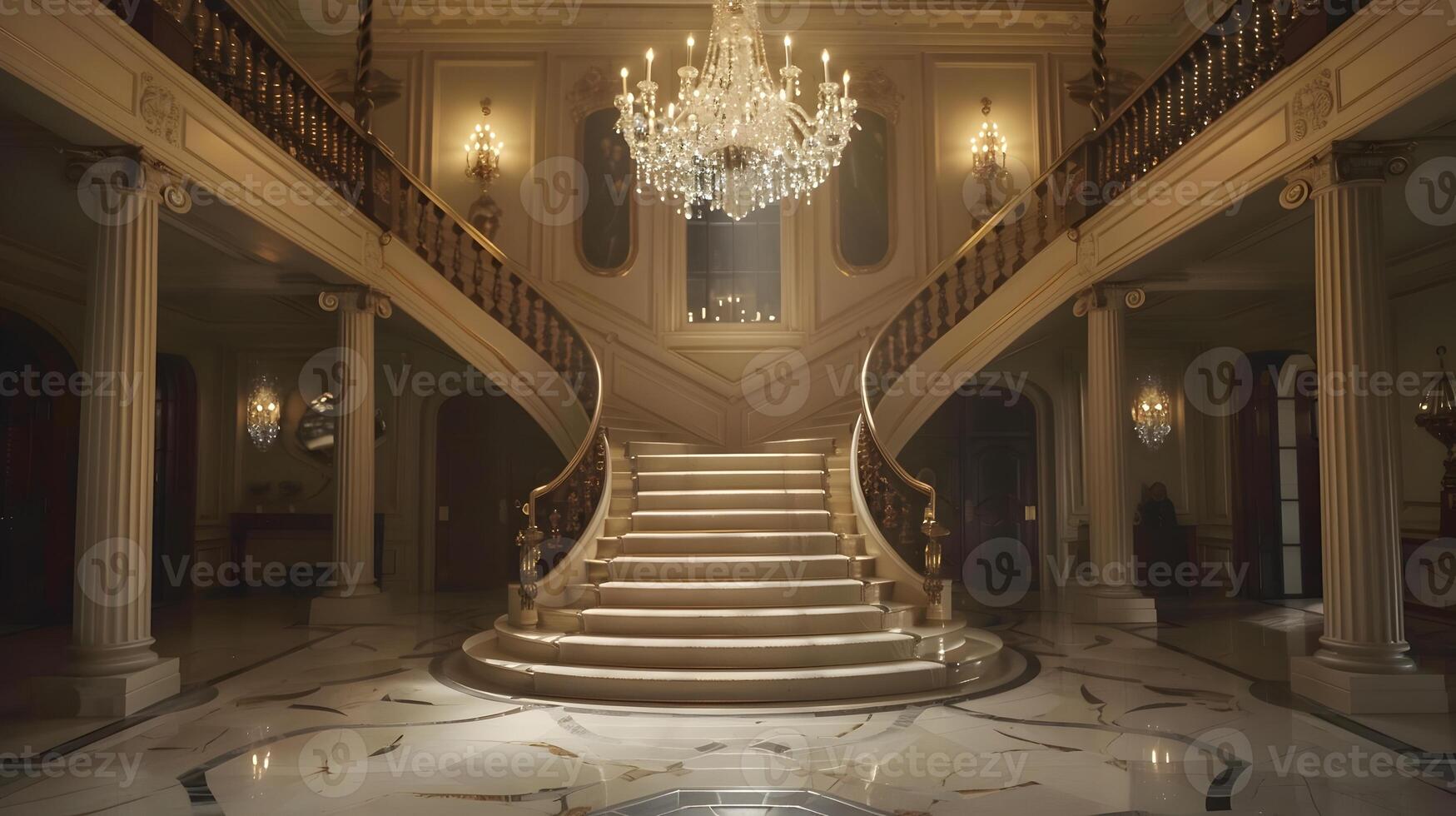 Magnificent Marble Staircase in Opulent Aristocratic Palace Entrance Hall with Ornate Chandelier Lighting photo
