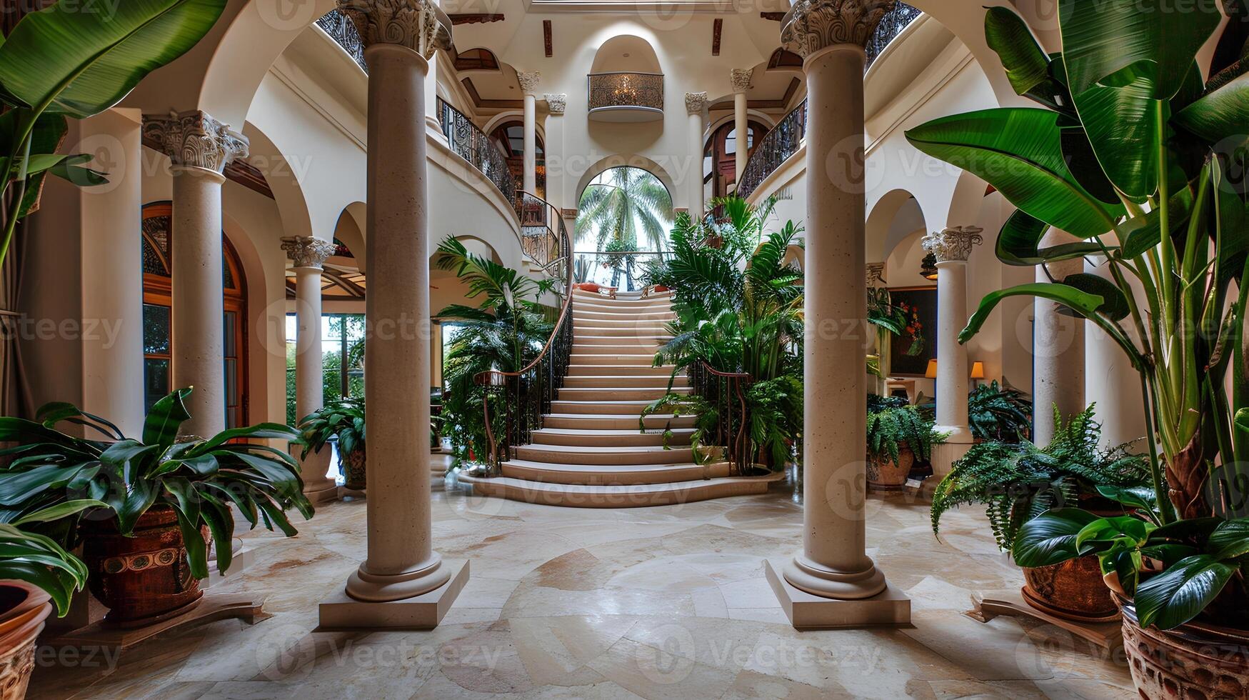 Magnificent Tropical Conservatory Entrance with Ornate Columns and Lush Greenery in Historic Palace Interior photo