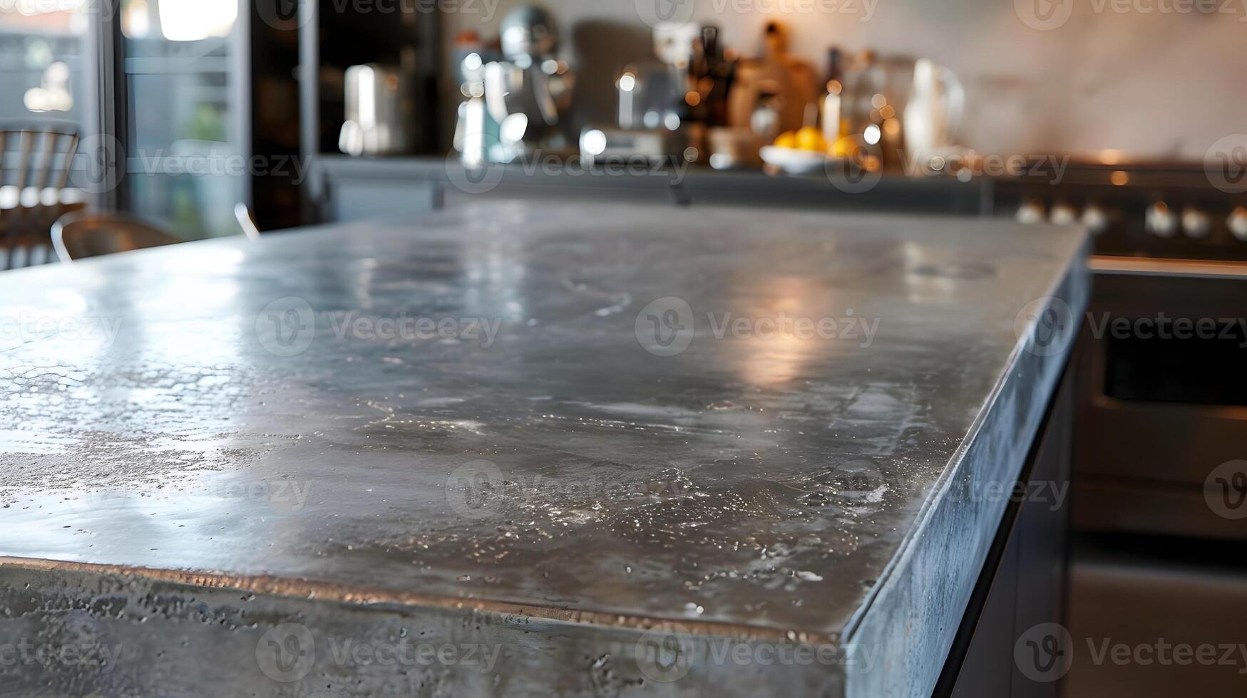 Sleek and Sophisticated Concrete Countertop in Modern Restaurant or Cafe Setting photo