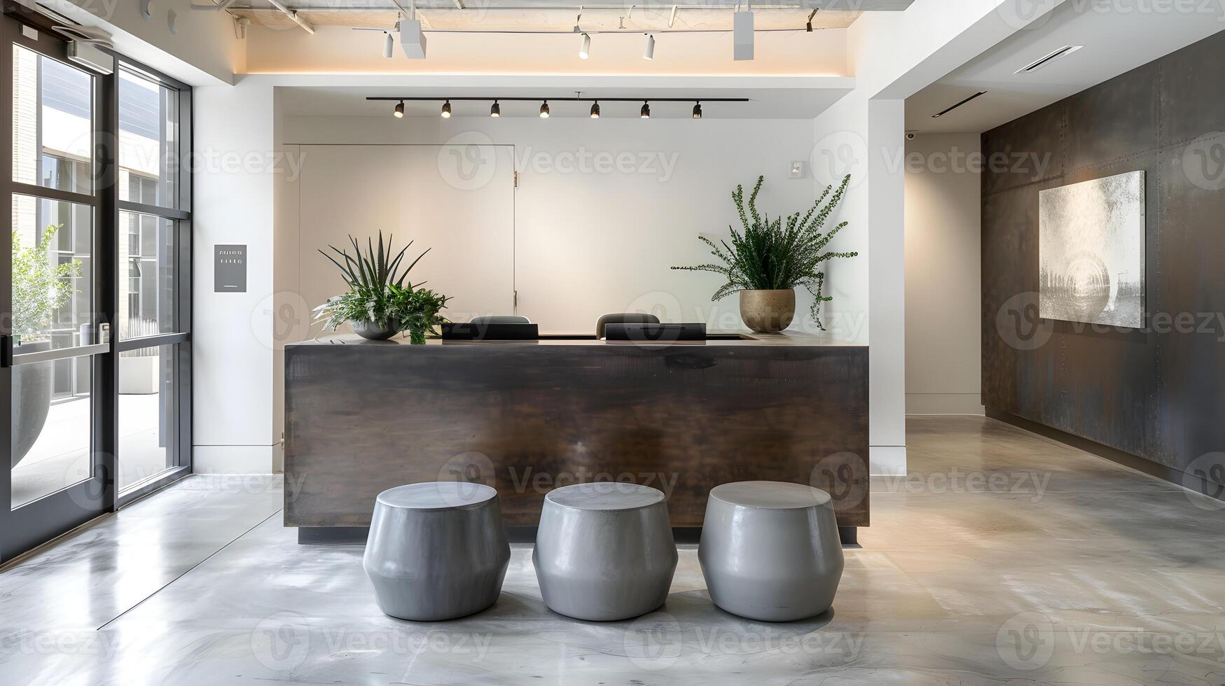 Minimalist and Modern Reception Area with Stylish Furniture,Lobby Decor,and Natural Elements in a Corporate Office Building photo