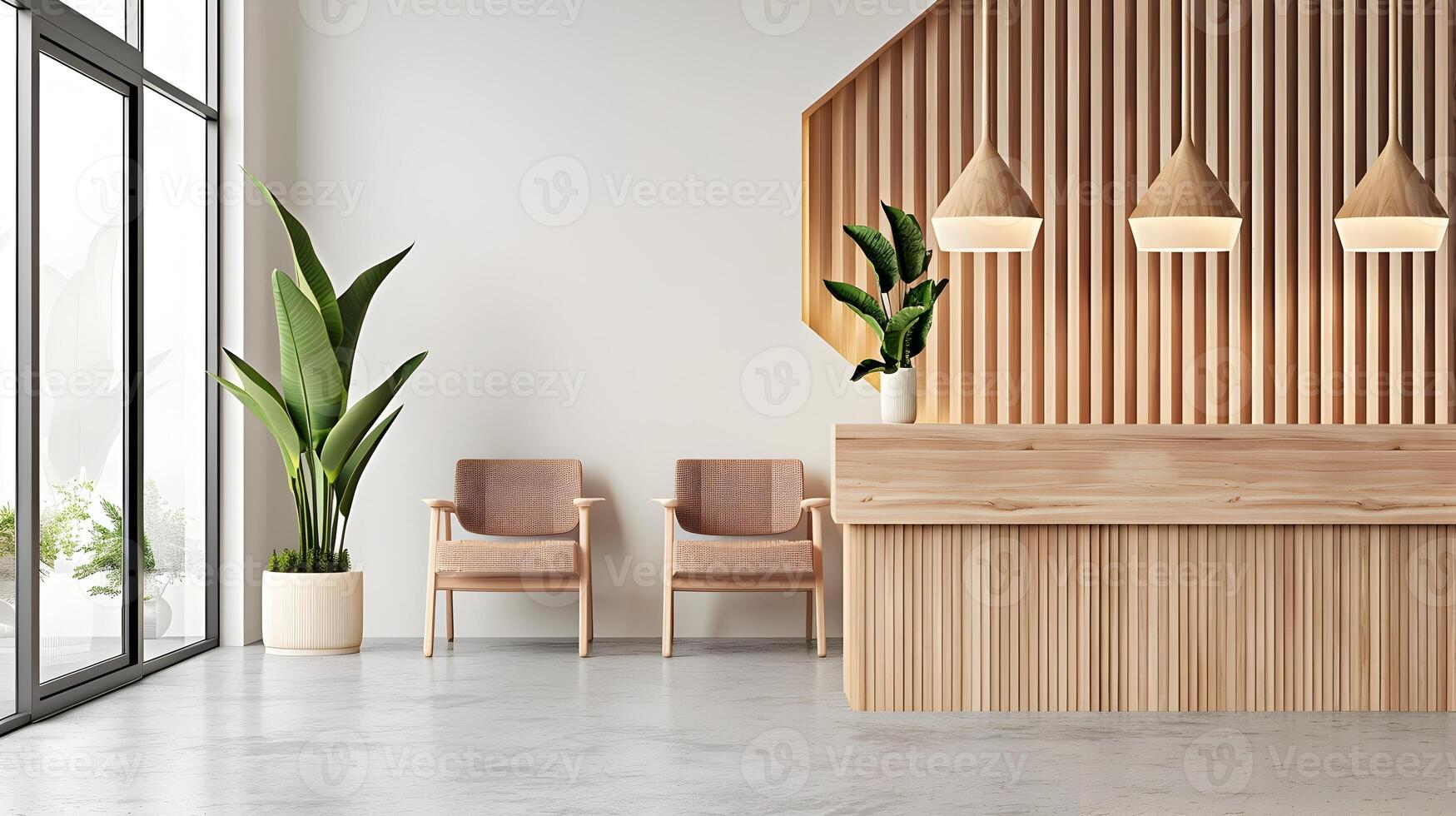 Sleek and Sophisticated Lobby with Warm Wooden Accents and Lush Greenery photo