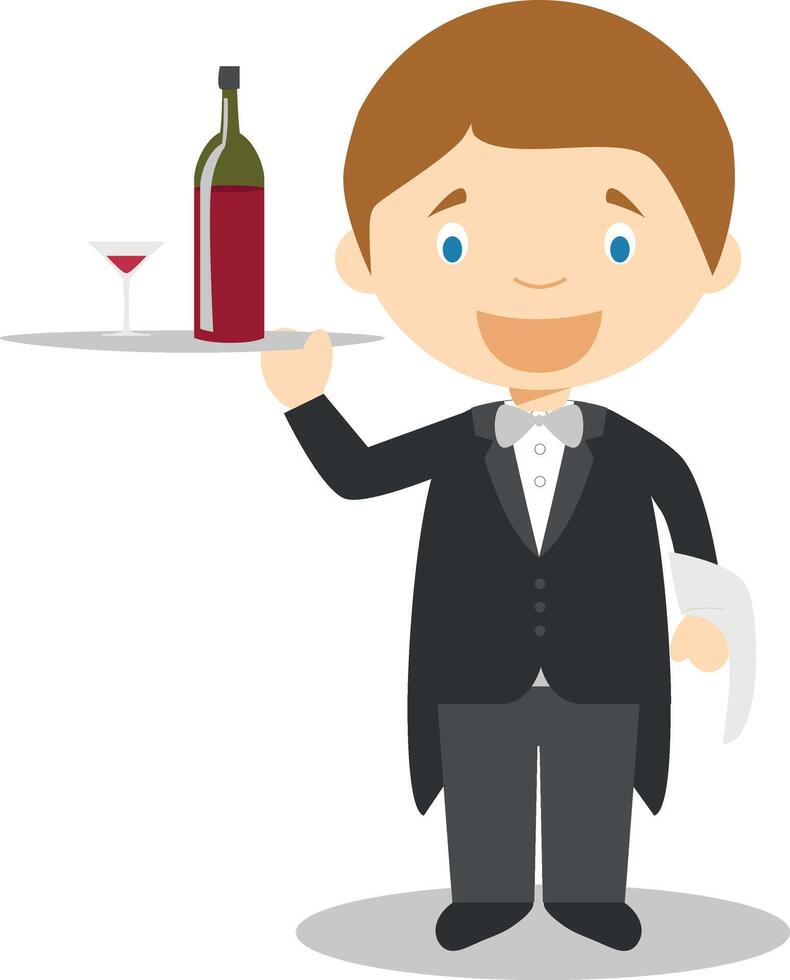 Cute cartoon illustration of a waiter vector