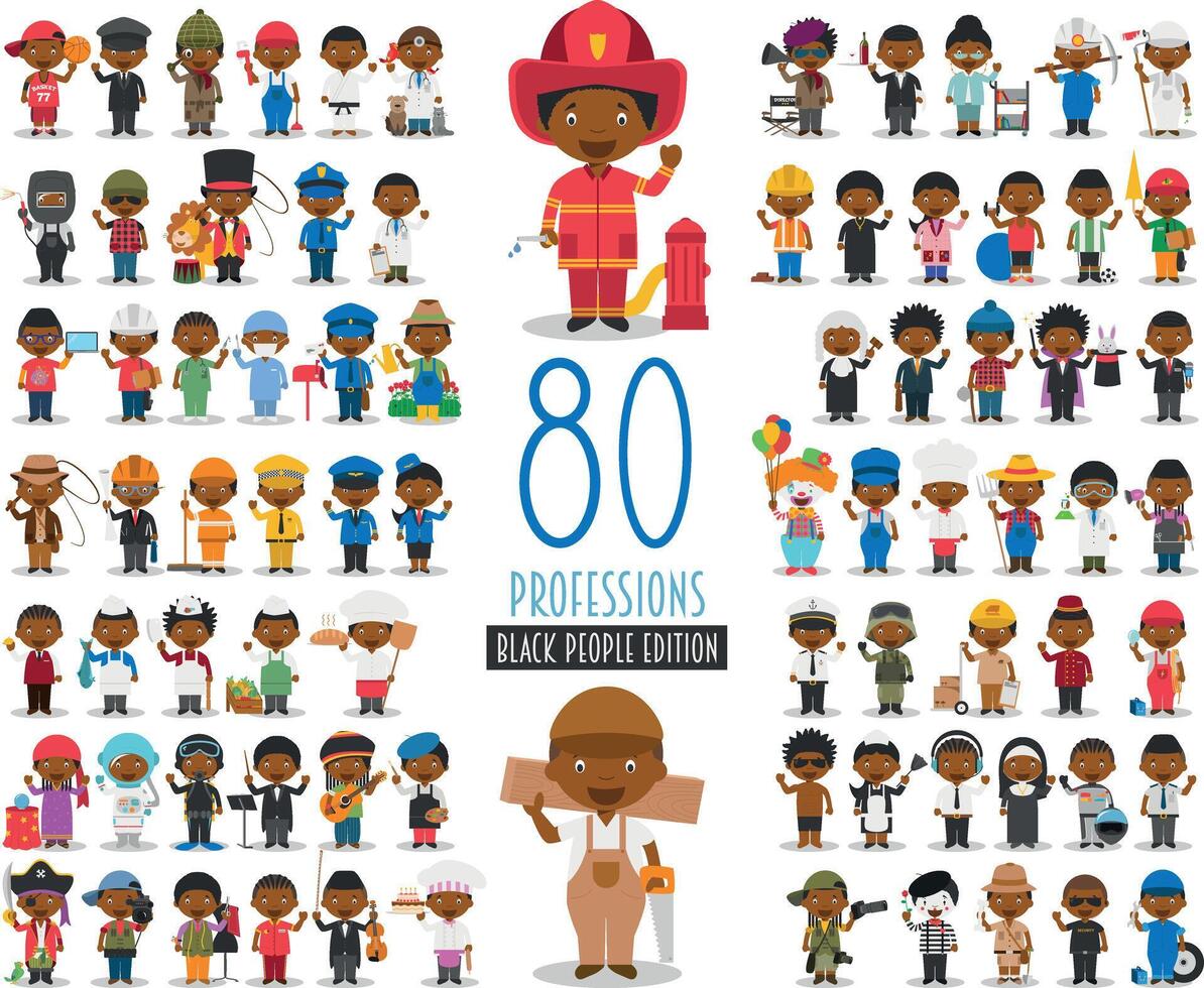 Kids Characters Collection. Set of 80 different professions in cartoon style. Black or African American characters. vector