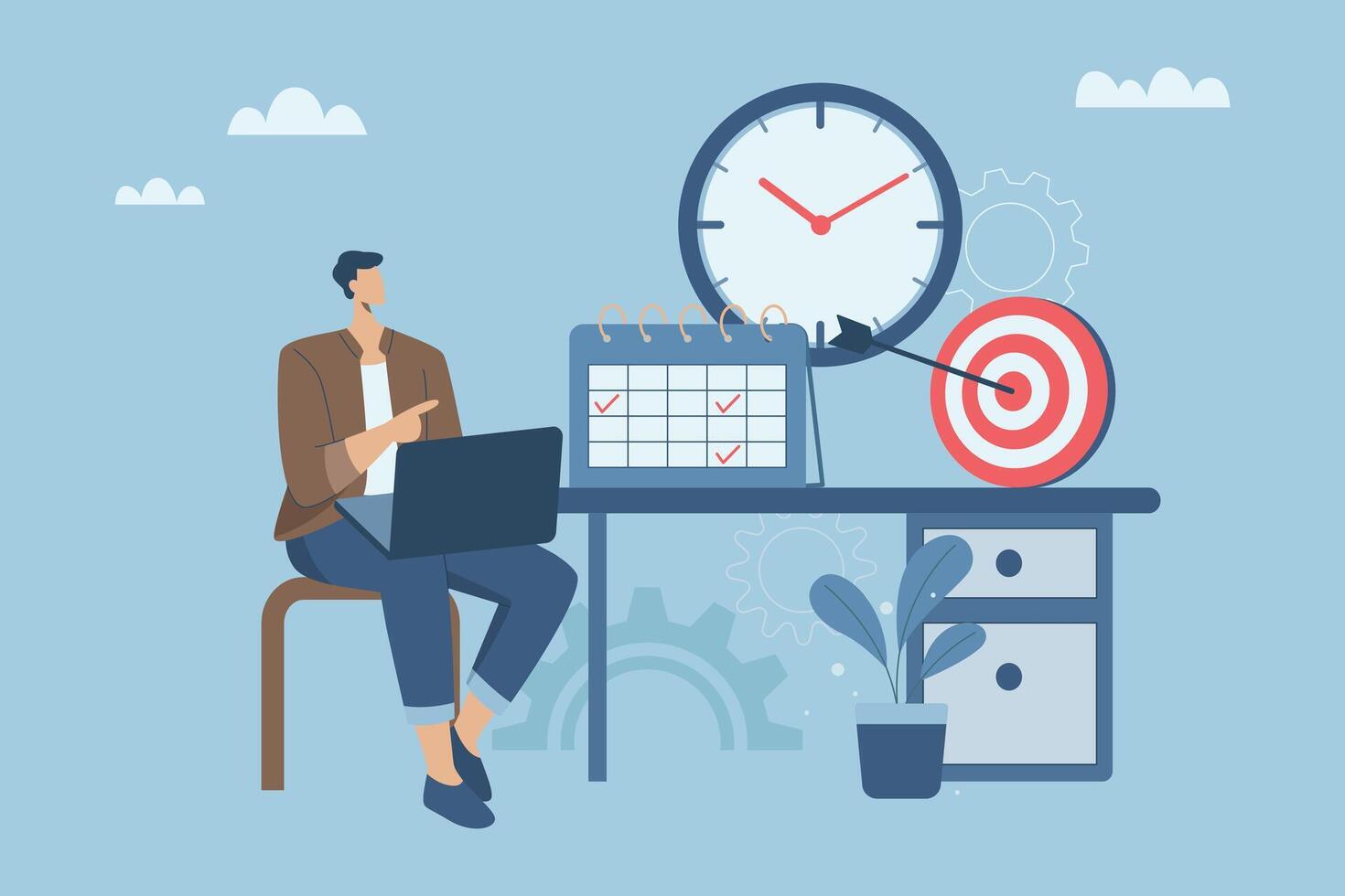 Business time management planning, Appointments and calendar schedule planning to achieve work goals, Deadline concept, Businessman with laptop and big clock. design illustration. vector