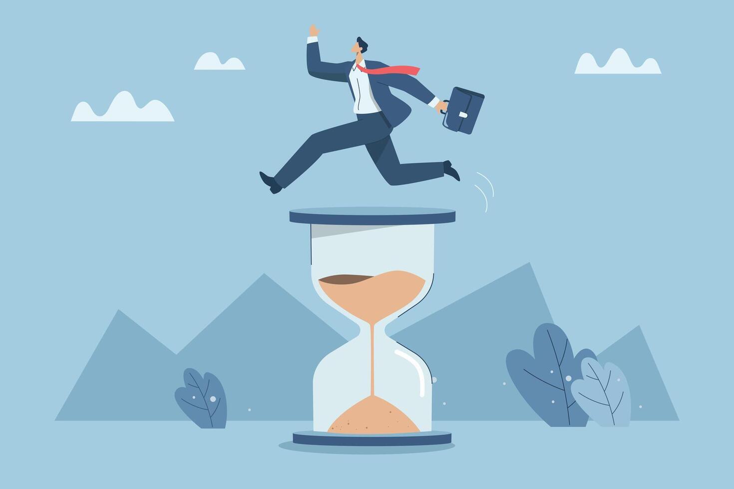 Effective time management, Time management Intelligent proper planning, Working on time, Business man jumps over a large hourglass. design illustration. vector