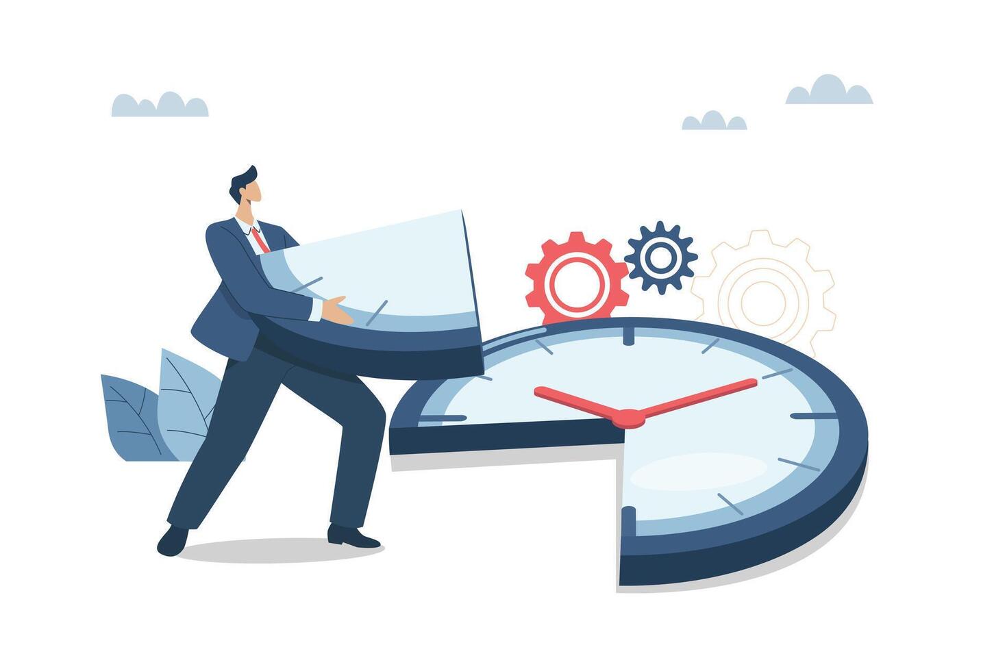 Time allocation, time distribution or planning to increase project efficiency, business man allocates time isolated from large clock. design illustration. vector