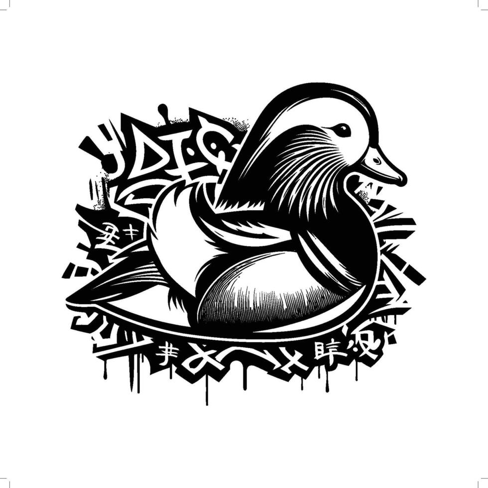 mandarin duck duck goose swan silhouette, animal graffiti tag, hip hop, street art typography illustration. vector