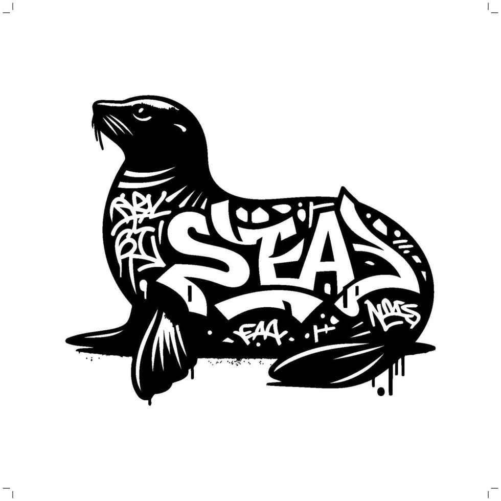 seal sealion silhouette, animal graffiti tag, hip hop, street art typography illustration. vector
