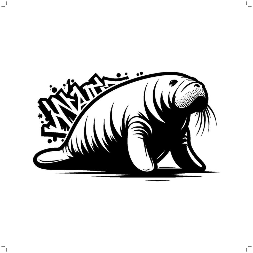 manatee dugong silhouette, animal graffiti tag, hip hop, street art typography illustration. vector