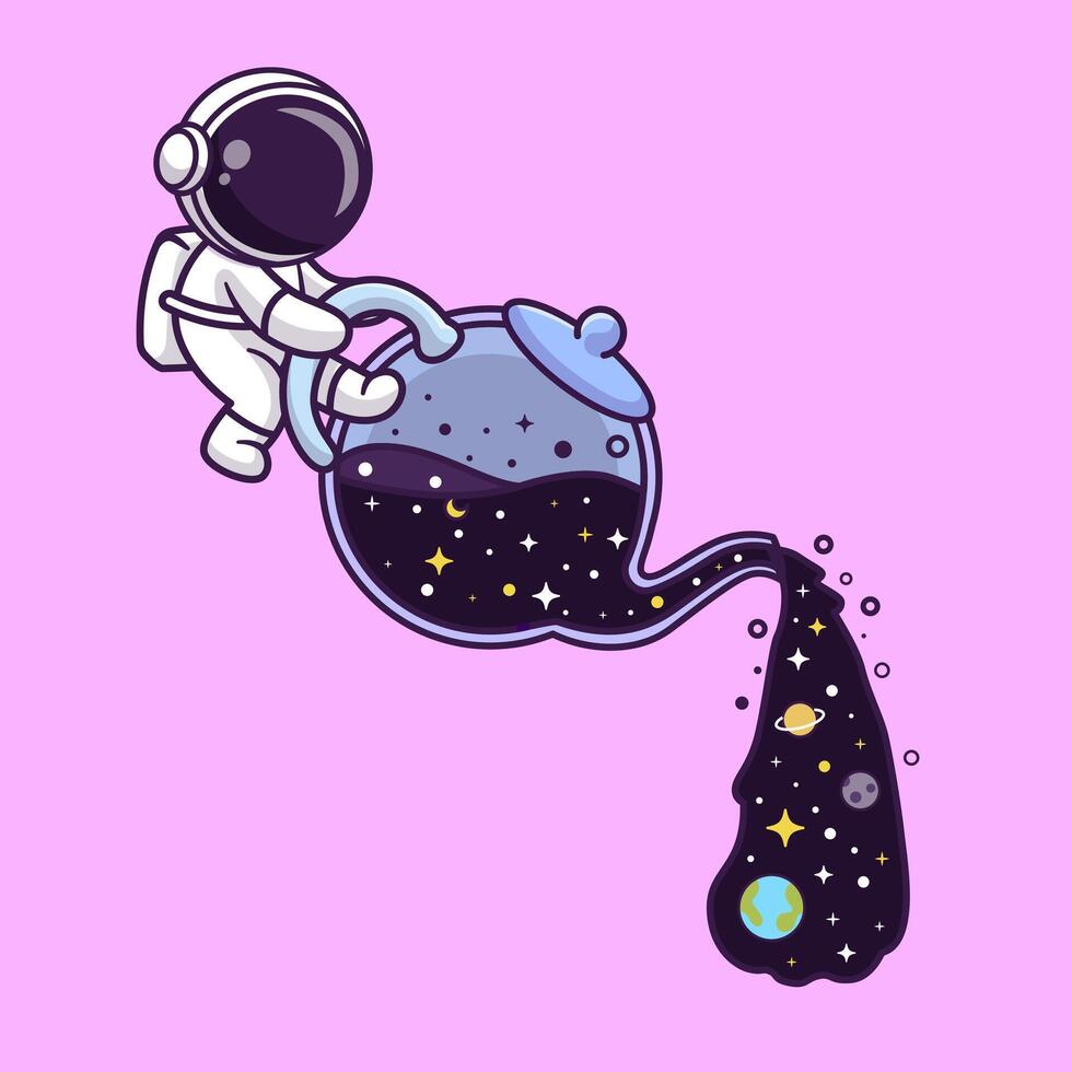 Cute Astronaut Pouring Space From Teapot Cartoon vector