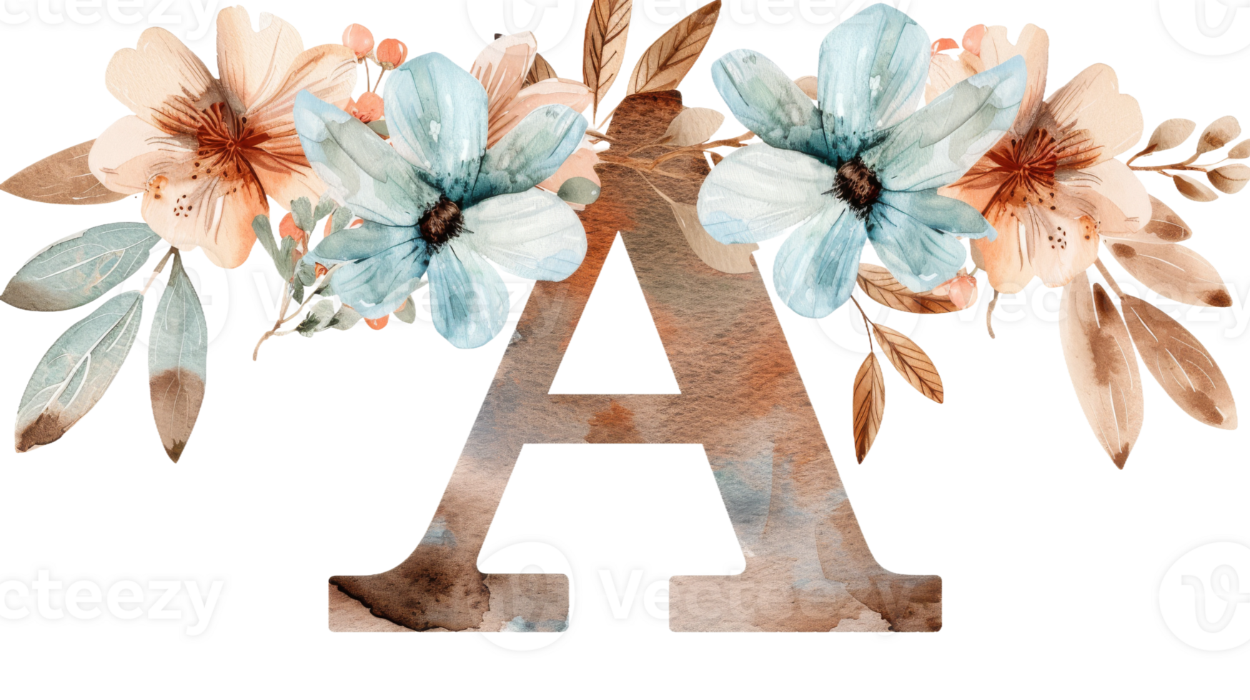 Watercolor Letter A with Floral Decoration on isolated Transparent background. Format png