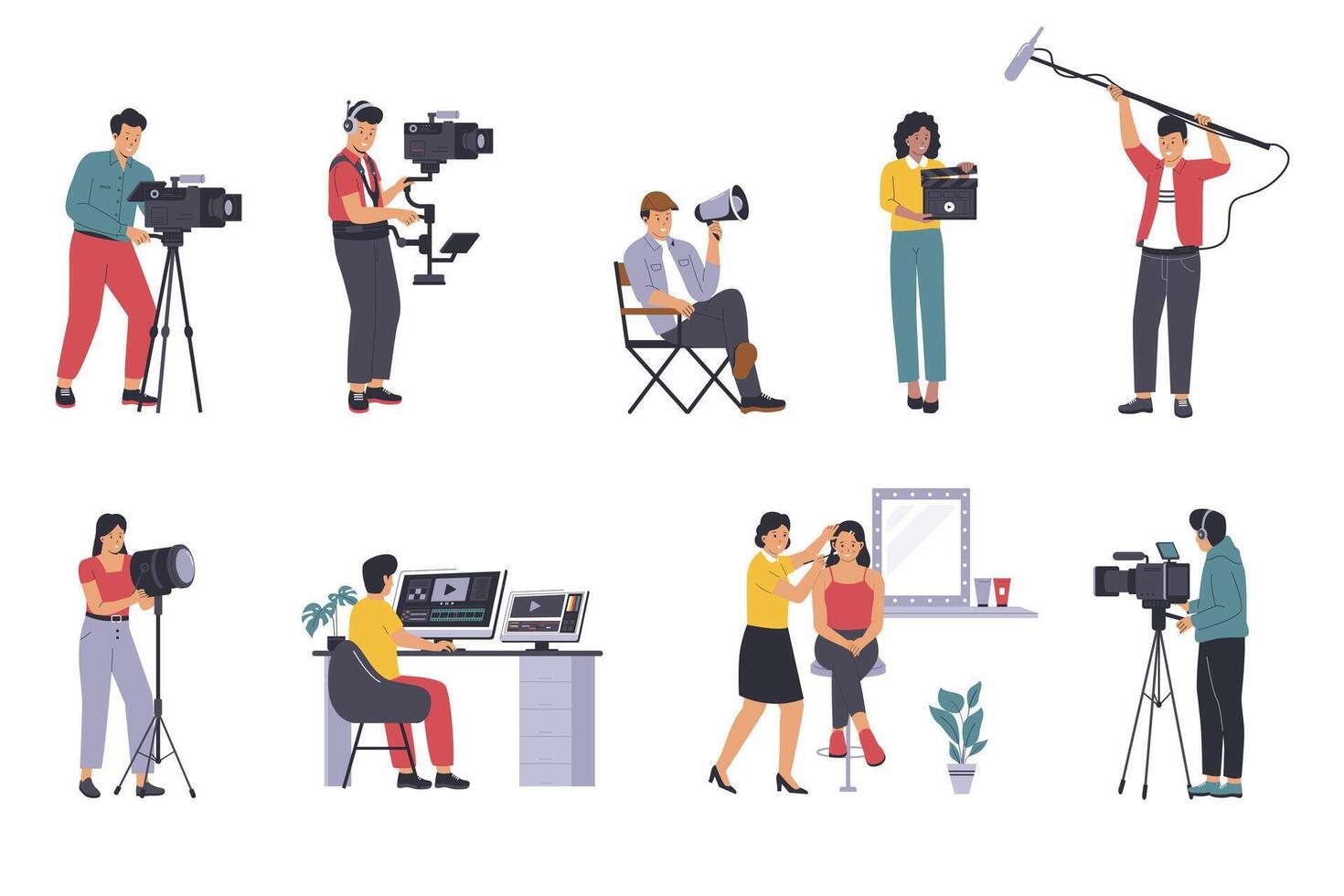 Film crew production illustration set. Professional filmmakers with equipment set. Flat illustration set vector