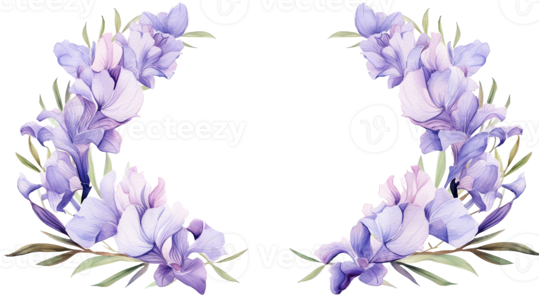 Elegant Round Watercolor Floral Wreath with Iris on isolated Transparent background. Format png