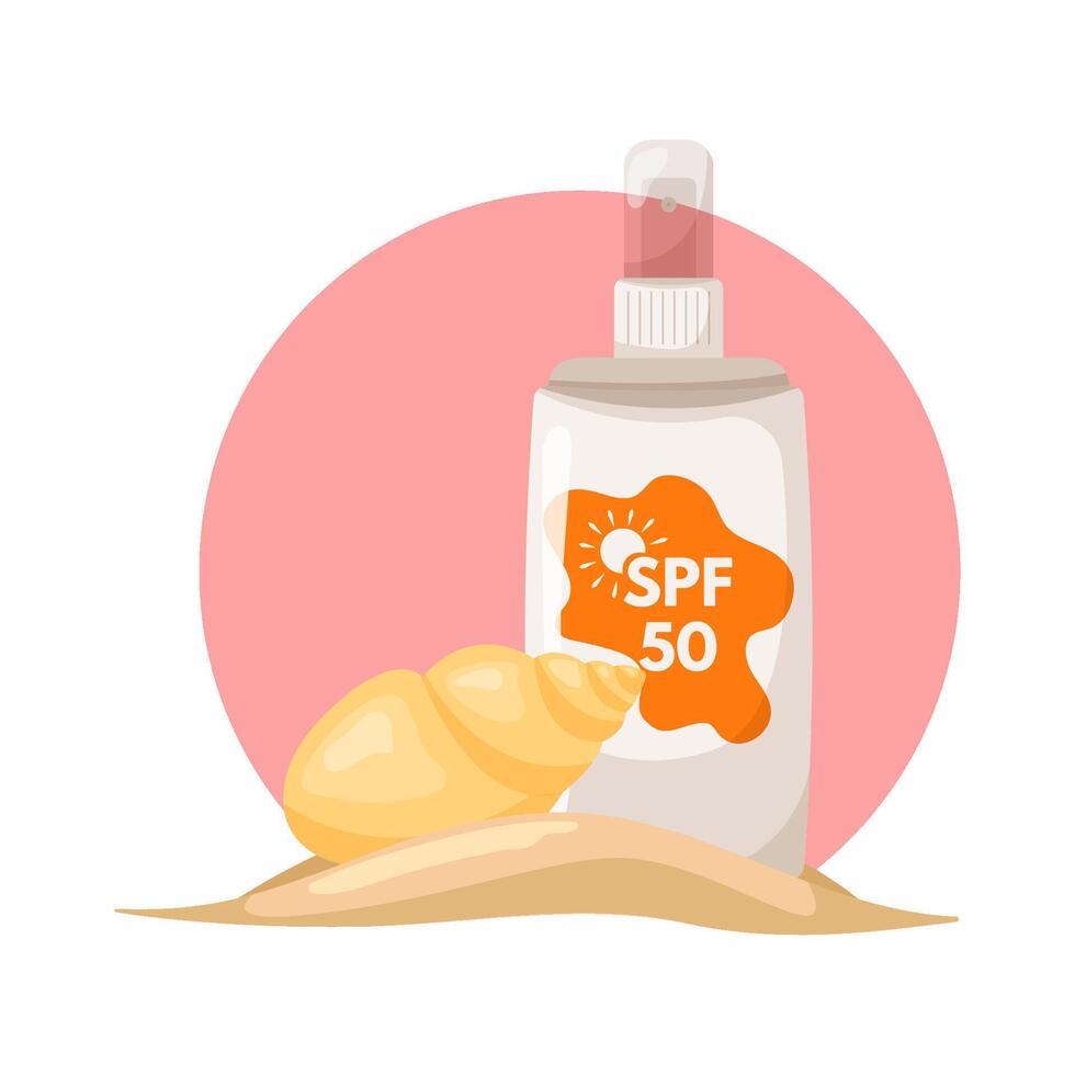 Sunscreen spray on a pink background with a seashell. Moisturizing and protecting your skin from the sun's ultraviolet radiation. Sunscreen moisturizer, sunscreen. vector