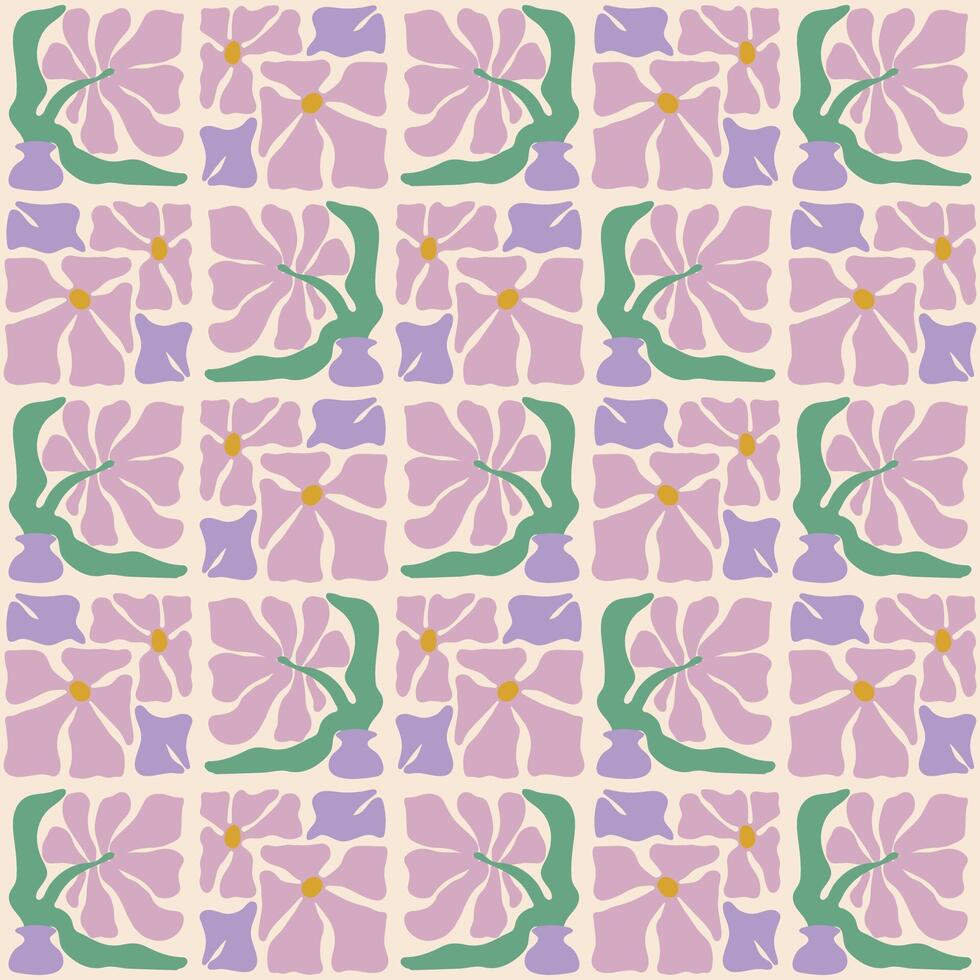 Colorful floral seamless pattern with lavender flowers in bouquet. Floral background in vintage hippie style. Geometric plaid print wallpaper, spring natural background with lavender flowers vector