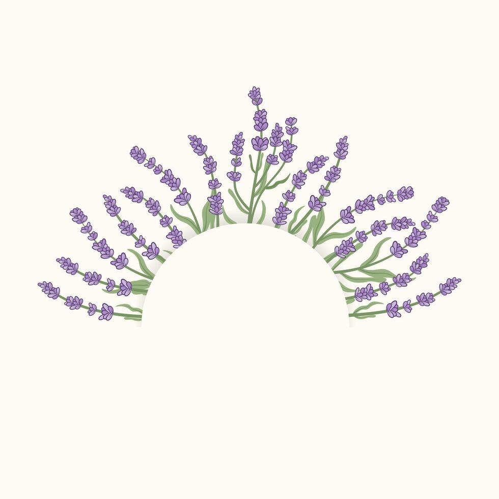 Hand-painted blooming lavender.Semi-circular frame. Contemporary abstract painting. Template for social media and design cards, invitations, covers. vector