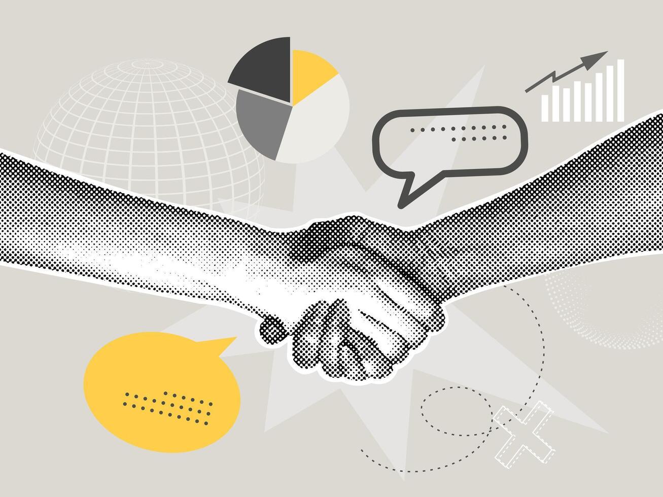 Trendy halftone collage of business concept. illustration partnership, agreement, business growth, global strategy. Creative concept for web banner, social media banner, business presentation vector