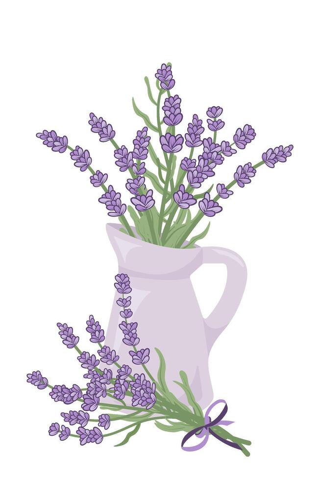 Hand painted bouquet of blooming lavender in purple jug and lavender bouquet with purple ribbon.Contemporary abstract painting. Template for social media and design cards, invitations, covers vector