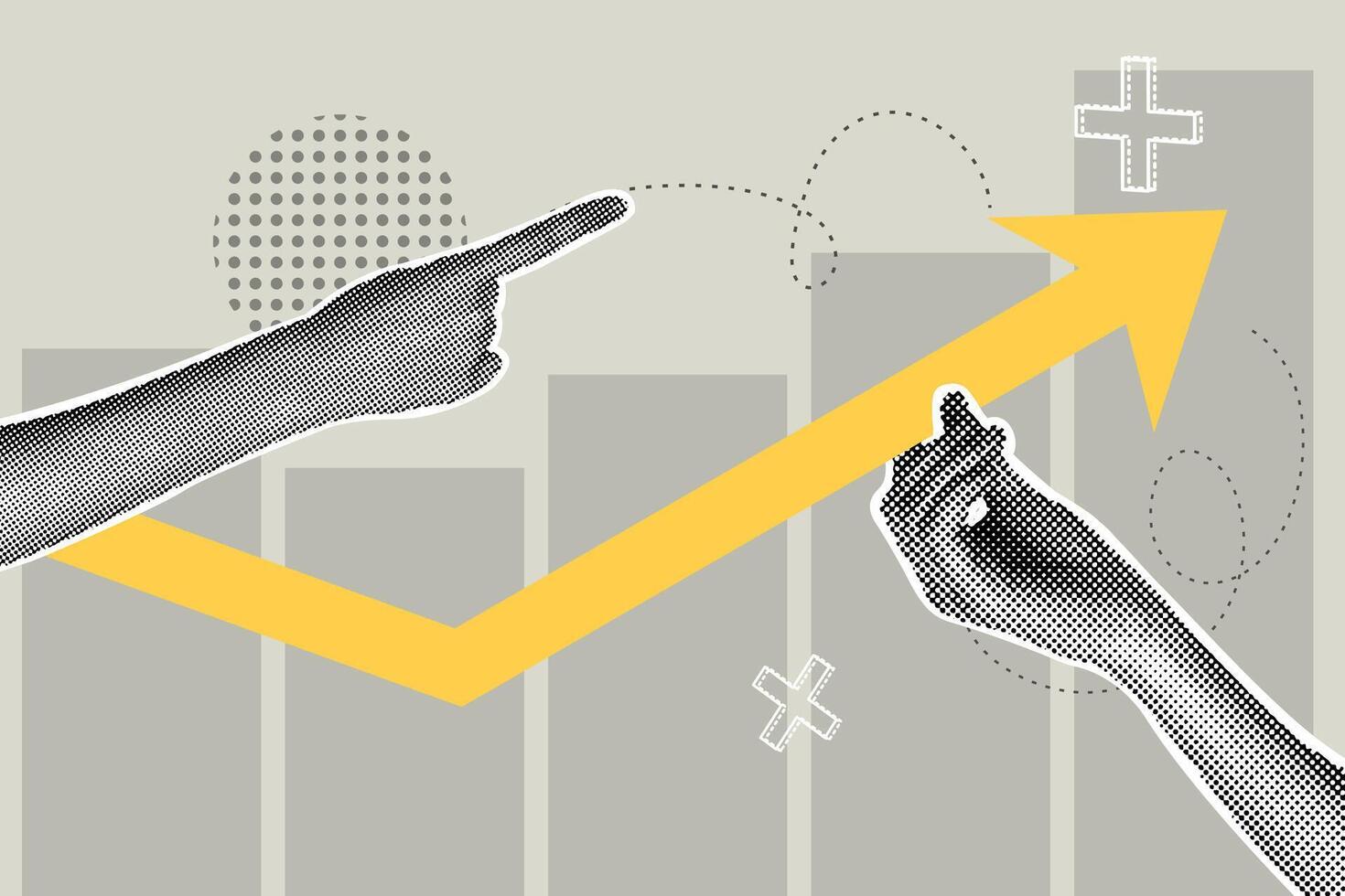 Art collage of business growth concept . Half tones of hands raising a graph with an upward arrow. Teamwork, work efficiency, partnership concept. Trendy modern retro illustration . illustration vector