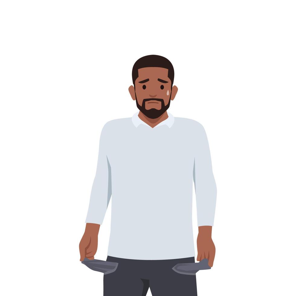 Young black man with No money. Man with pockets turned outward. vector