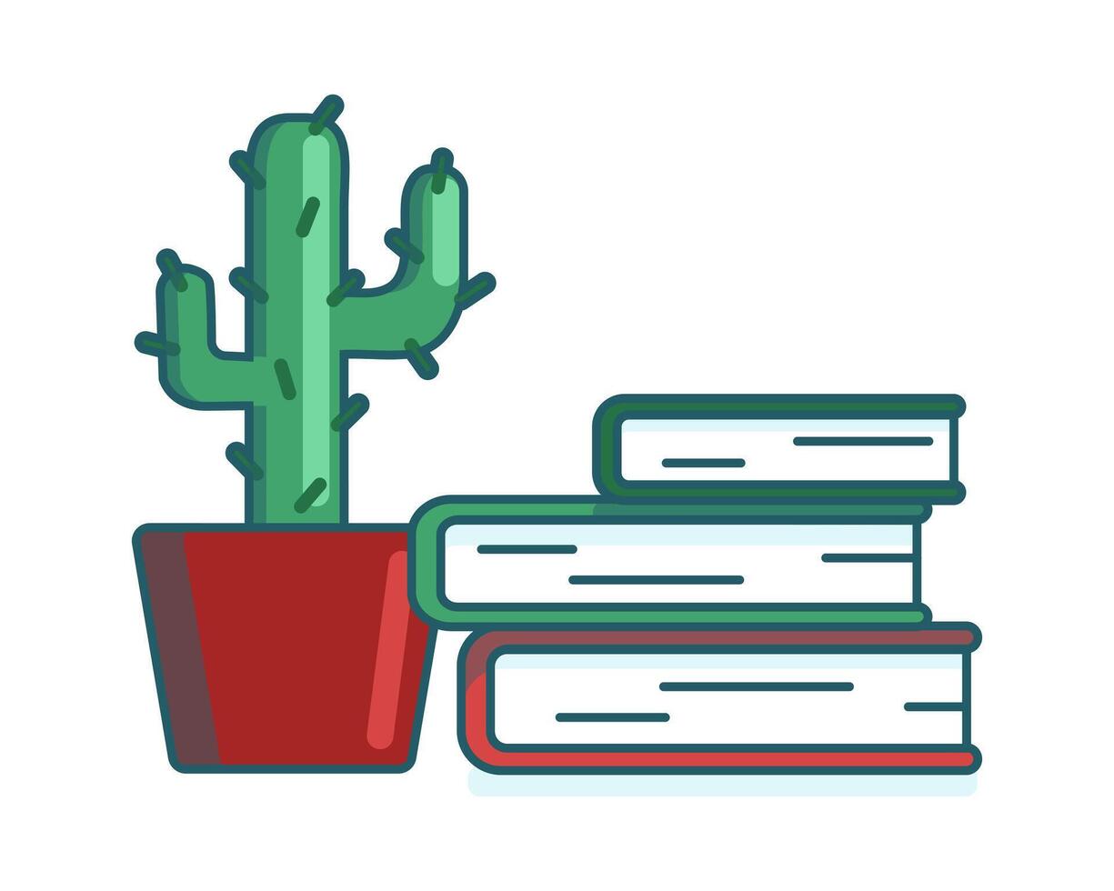 cactus y un apilar de libros. espinoso planta en un maceta. leyendo literatura. hogar interior elementos. capacitación, estudiar. pasatiempo. dibujos animados estilo. ilustración vector