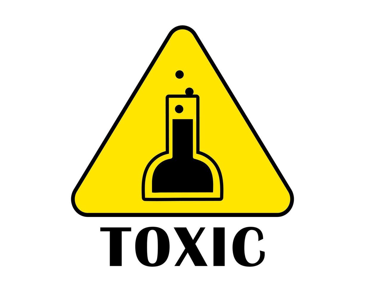 Danger sign. Toxic substance in flask with bubbles. Warning Triangular yellow symbol with black icon. Dangerous Liquid in bottle. Laboratory. Science, Chemical. Isolated. Color. illustration. vector